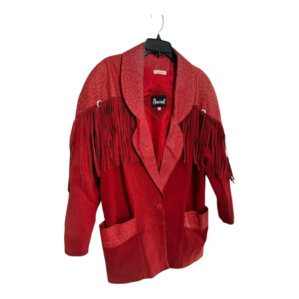 Vintage 1980s Avanti Red Suede Western Fringe Frontier Leather Coat medium - Picture 12 of 16